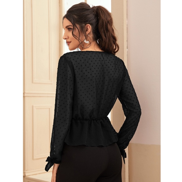 Surplice V-Neck Swiss Dot Black Sheer Blouse - Picture 4 of 7